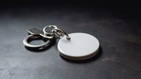 Key ring with blank label on a dark background. Close-up.の素材