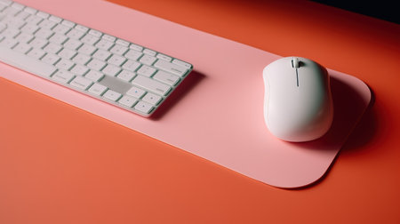 White computer mouse and keyboard on pink and orange background with copy spaceの素材