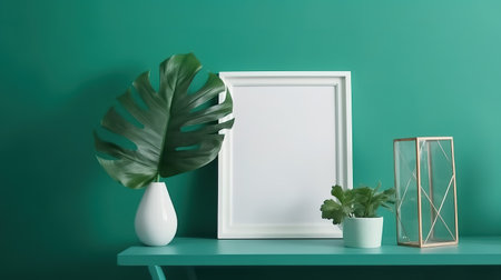 Mock up poster frame on green wall background, 3d renderの素材