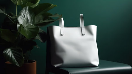 White bag on a chair with a plant on a dark green backgroundの素材
