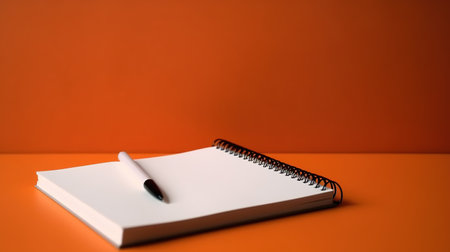 Notebook and pen on orange background, business concept, copy spaceの素材