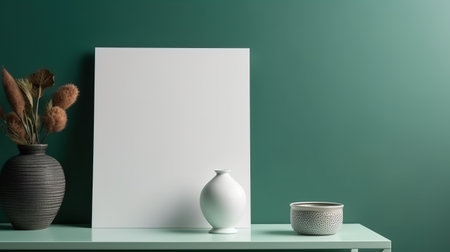 Mock up poster frame with vase on green wall. 3d renderingの素材