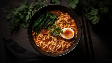 Japanese ramen noodle soup with egg in bowl on dark backgroundの素材