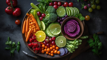 Fresh vegetables and fruits on a dark background. Healthy food concept.の素材