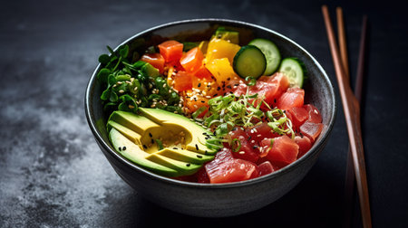 Hawaiian tuna poke bowl with avocado, cucumber, mango and sesame seedsの素材