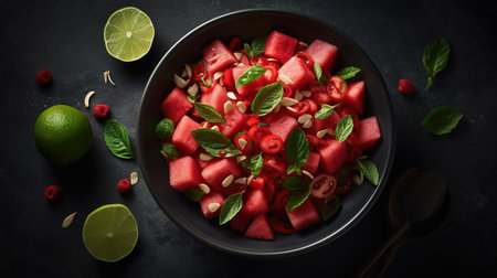 Fresh watermelon salad with lime and mint on dark background, top viewの素材