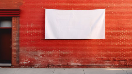 White blank advertising banner on red brick wall background. Copy space.の素材
