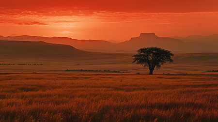 Lonely tree in the middle of the savannah at sunsetの素材
