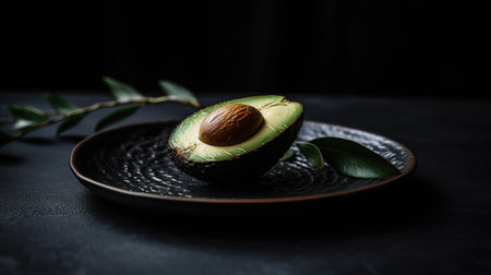 Ripe avocado with leaves on a black plate on a dark backgroundの素材