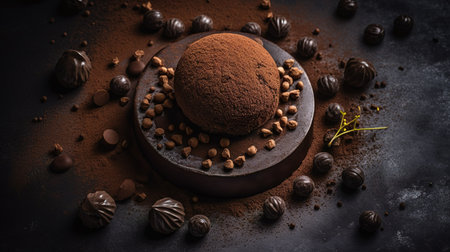Chocolate truffles with hazelnuts and cocoa powder on dark backgroundの素材