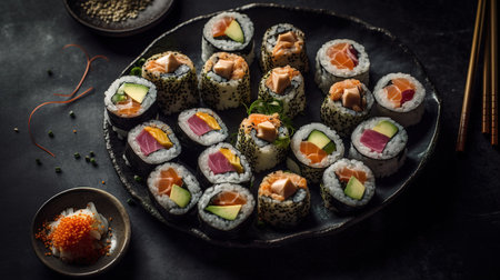 Sushi rolls with salmon, tuna, avocado and cucumber on black backgroundの素材