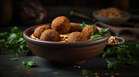 Traditional arabic falafel balls with spices and herbs on dark backgroundの素材
