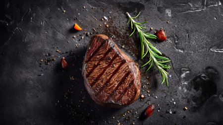 Grilled beef steak with rosemary and spices on black background, top viewの素材