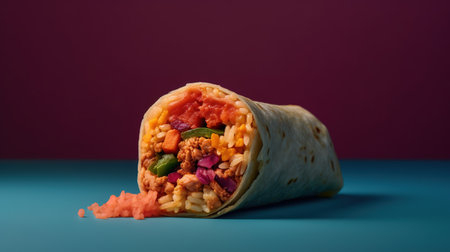 Mexican burrito with meat, vegetables and rice on colorful backgroundの素材