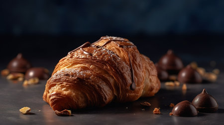Tasty croissant with chocolate and nuts on a dark backgroundの素材