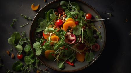 Fresh salad with cherry tomatoes, arugula and nuts on dark backgroundの素材