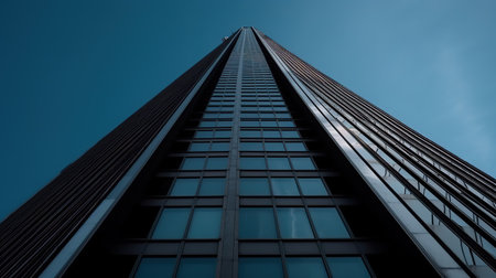 Low angle view of modern skyscrapers in business district against blue skyの素材