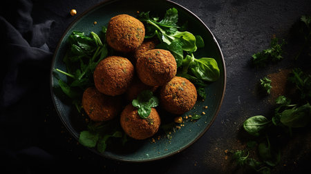 Vegetarian falafel balls with arugula salad on dark backgroundの素材