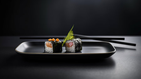 Sushi rolls on a black plate with chopsticks on a black backgroundの素材