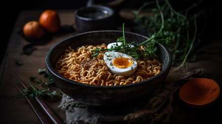 Ramen noodle with egg on wooden background. Asian food styleの素材