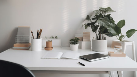 Close up view of modern workplace with blank notebook, stationery and houseplant. Mock upの素材