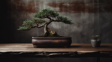 Bonsai tree in ceramic pot on wooden table and dark backgroundの素材