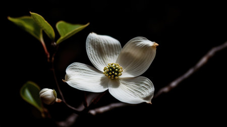White dogwood flowers on a black background, close-up.の素材