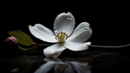 Beautiful white flowers on a black background with drops of water.の素材