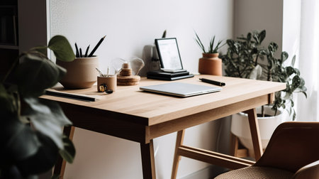 Stylish workplace with laptop and stationery on wooden table in officeの素材