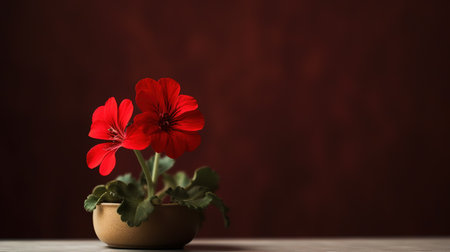 Geranium flowers in a pot on a wooden table and red backgroundの素材