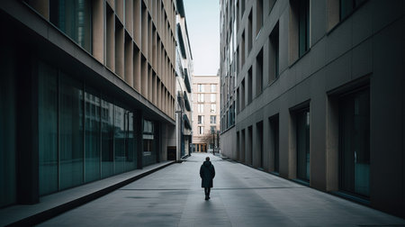 Rear view of a man walking in the street in the cityの素材