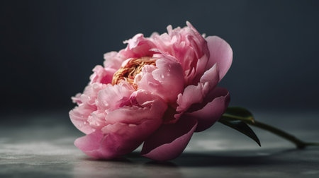 Beautiful pink peony flower on grey background, close-upの素材