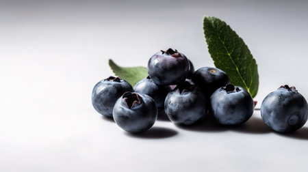Blueberries with leaves on a white background. Healthy food concept.の素材