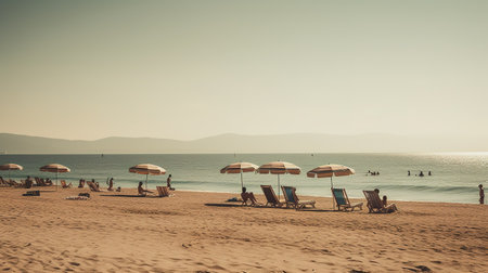 Beach with sun loungers and umbrellas. Toned.の素材