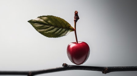 Red cherry on a branch with a green leaf on a gray backgroundの素材