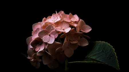 Pink hydrangea on a black background with water drops.の素材