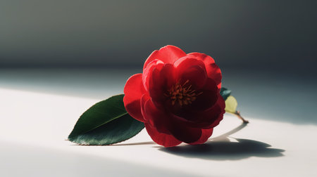 Beautiful red camellia flower on a white background with shadow.の素材