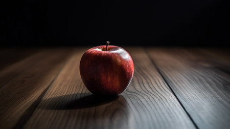 Red apple on a wooden table. Dark background. Selective focus.の素材
