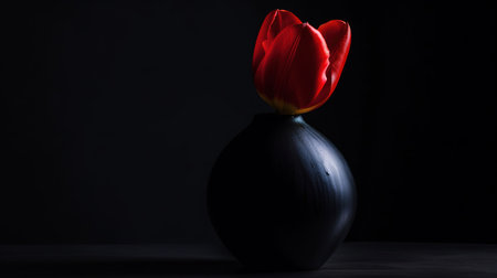 Red tulip in a black vase on a black background.の素材