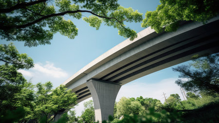 Highway overpass in the green forest, closeup of photoの素材
