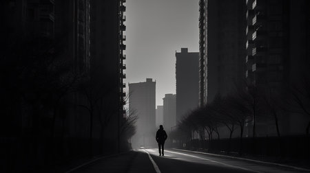 Silhouette of a man walking along the street in the fogの素材