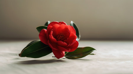 Beautiful red camellia flower on a white wooden table.の素材