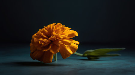 Marigold flower on a dark background. Marigold is a genus of flowering plants in the sunflower family.の素材