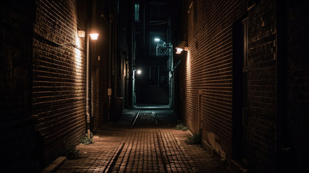 Night view of a narrow street in the old town of Boston, Massachusetts.の素材