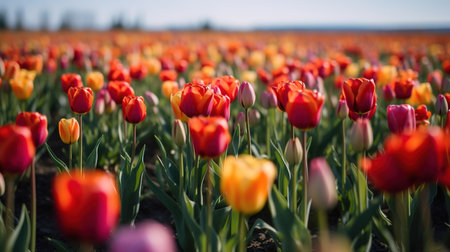 Tulips in an agricultural field in sunlight in spring, Almere, Flevoland, The Netherlandsの素材