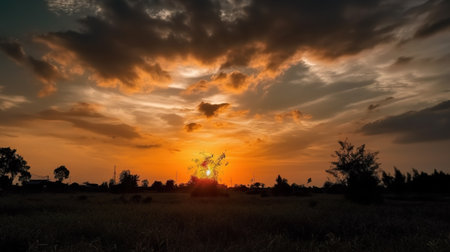 Silhouette of sunset over rice field with dramatic sky background.の素材