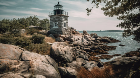 Lighthouse on a rocky coast in Sweden. Vintage retro look.の素材