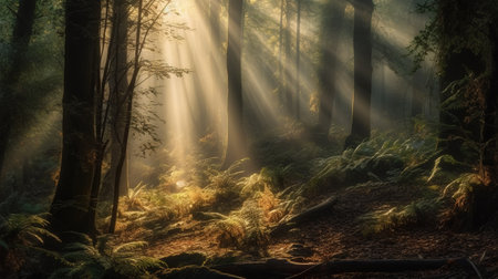 Mysterious forest with sun rays coming through the trees and fogの素材