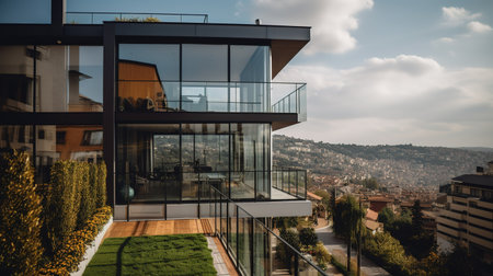 View of the city from the terrace of a modern apartment buildingの素材