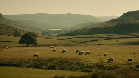 Sheep grazing in a field in the Peak District National Park, Englandの素材